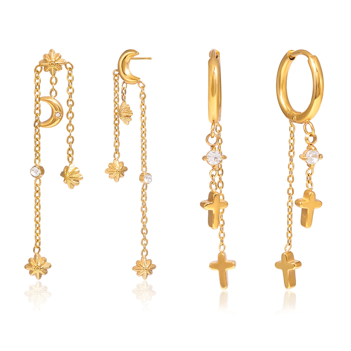 Exquisite Cross Tassel Moon Stainless Steel Gold Color Waterproof&Anti-tarnish Women's Dangle Earrings h5 Picture7