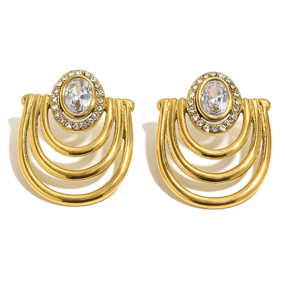 Pendientes De Botón De Acero Inoxidable Ahuecados Con Circonitas Impermeables De Color Dorado Para Mujer Imagen2