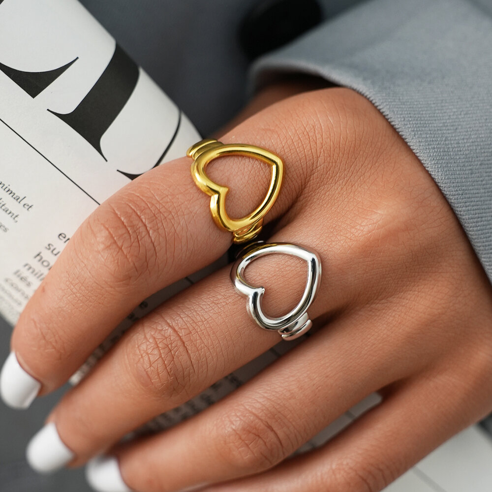 Heart Shaped Hollow Design Stainless Steel Waterproof Gold Color Statement Rings h5Picture5