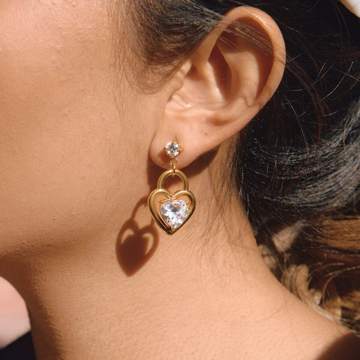Romantic Heart  Shape Stainless Steel Gold Color Zircon Waterproof&Anti-tarnish Women's Drop Earrings