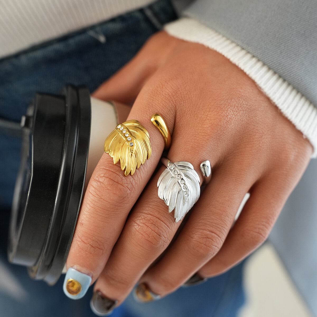 Irregular Shape Feather Design Stainless Steel Waterproof  Gold Color Women's  Statement Rings