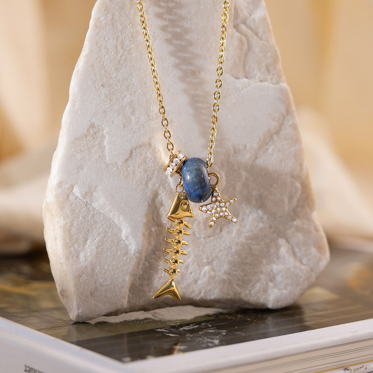 Vacation Fishbone Stainless Steel Gold Color Natural Stone Waterproof&Anti-tarnish Women's Pendant Necklaces h5 Picture5