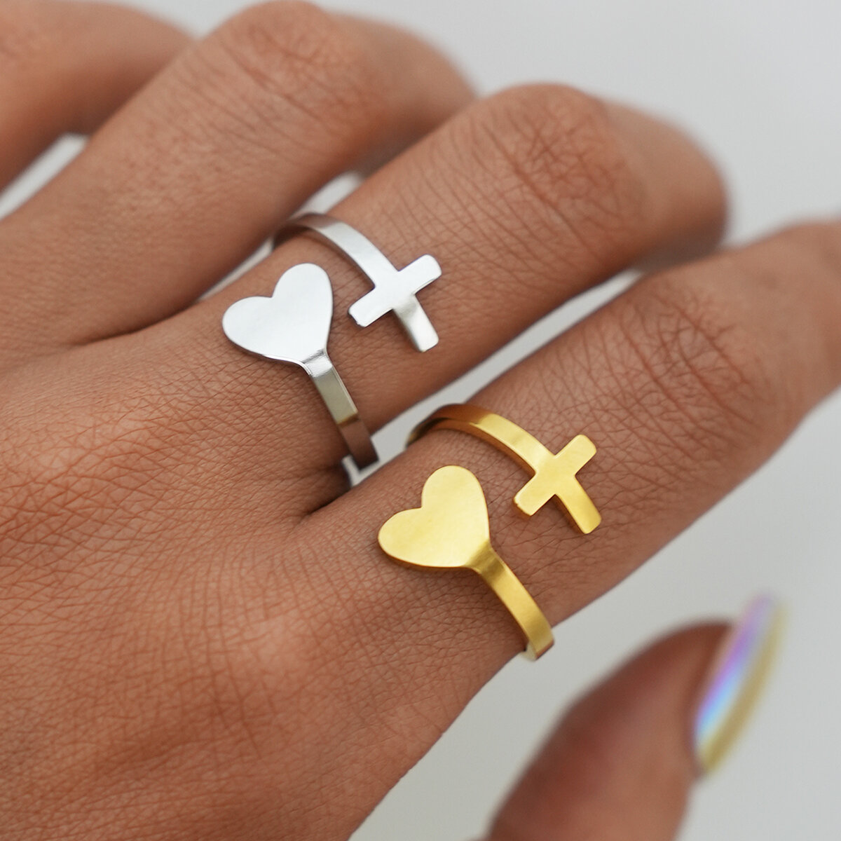 Daily Heart Cross Stainless Steel Waterproof Gold Color Women's  Statement Rings