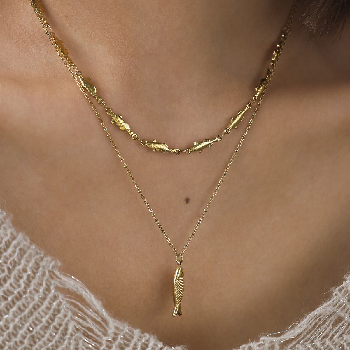 Fish Shape Stainless Steel Waterproof Gold Color Women's Layered Necklaces 2