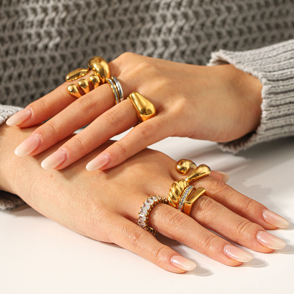 Daily Stainless Steel Waterproof Gold Color Zircon Statement Rings Picture6