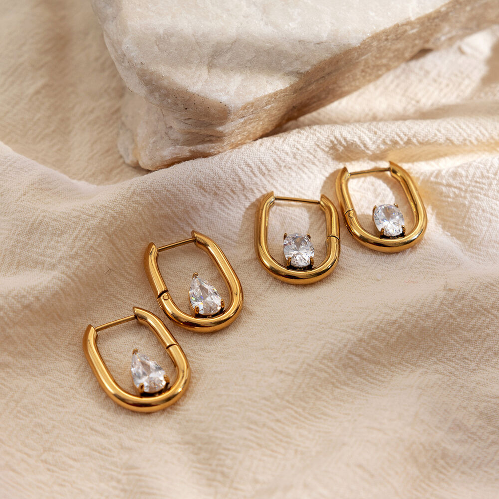 Droplet Circle Stainless Steel Waterproof Gold Color Zircon Women's Hoop Earrings Picture2