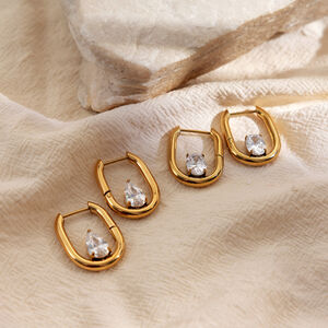 Droplet Circle Stainless Steel Waterproof Gold Color Zircon Women's Hoop Earrings h5 Picture2