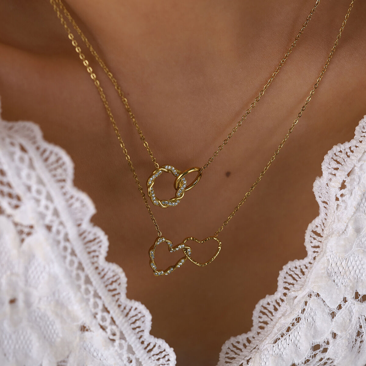 Simple Heart Circle Stainless SteelWaterproof Gold Color Rhinestone Women's Pendant Necklaces