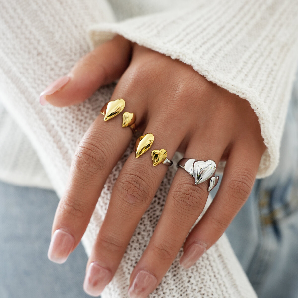 Simple Series Daily Heart Stainless Steel Waterproof   Gold Color  Statement Rings h5 Picture3