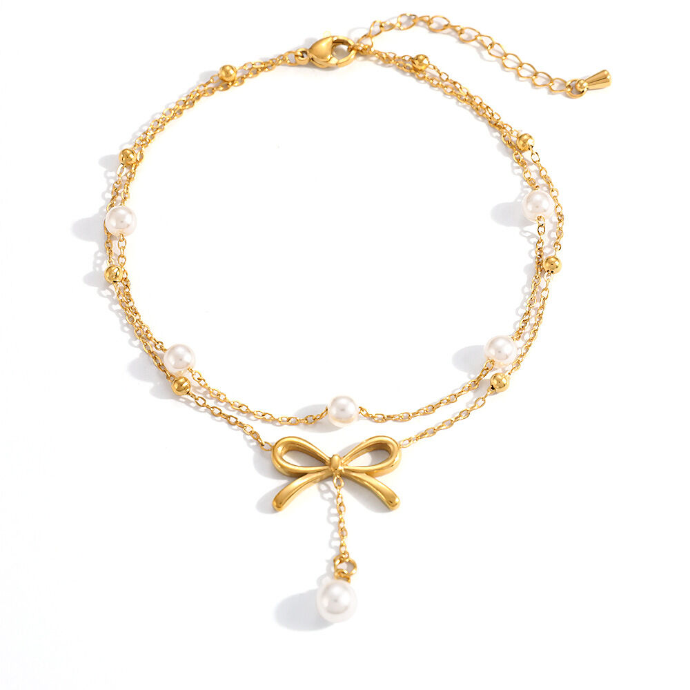 Sweet Bow Knot Stainless Steel Waterproof Gold Color Pearl Anklets h5 Picture4