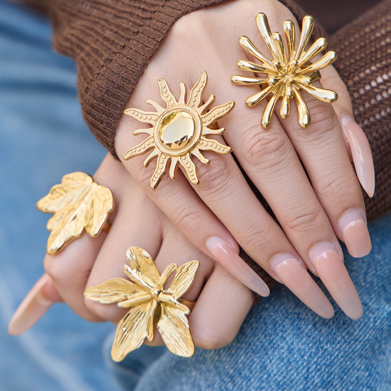 Punk Flower Sun Stainless Steel Waterproof Gold Color Statement Rings h5 Picture2
