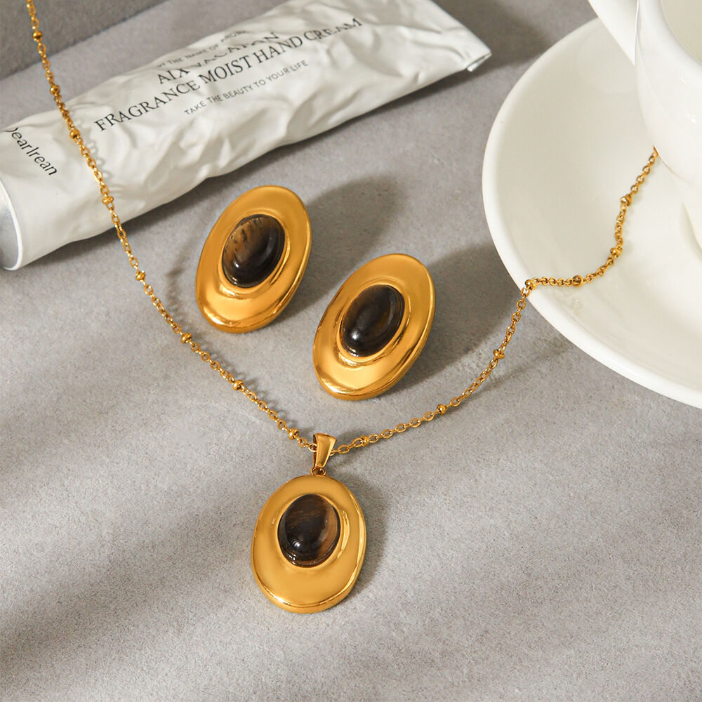 Retro Stainless Steel Waterproof Gold Color Natural Stone Women's Necklaces Set h5Picture3