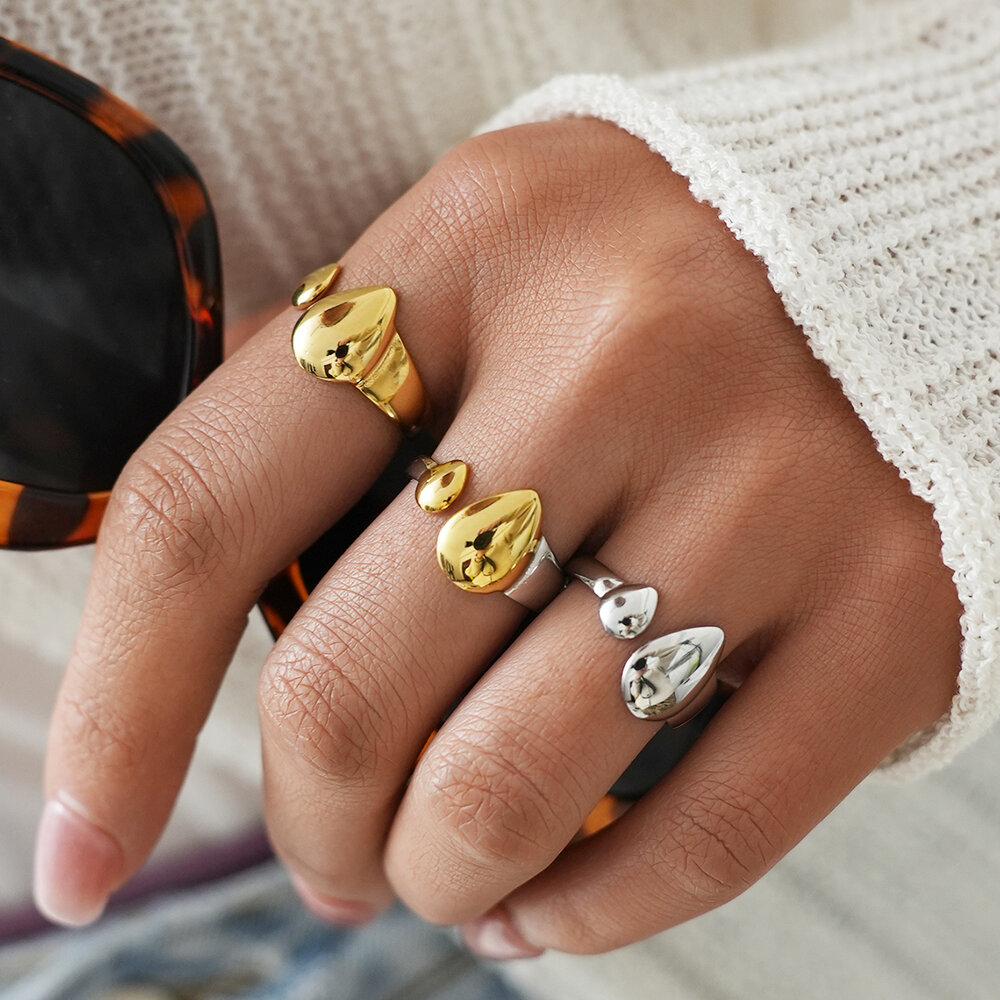 Simple Retro Irregular Shape Stainless Steel Waterproof Gold Color Statement Rings Picture3