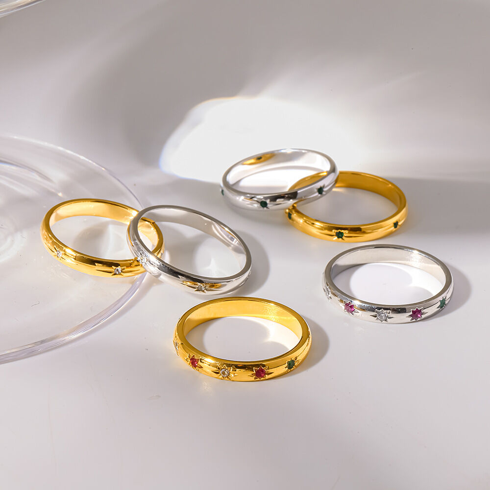 Schlichter, täglicher Sternkreis-Statement-Ring aus Edelstahl, wasserdicht, goldfarben, mit Zirkonia Bild3