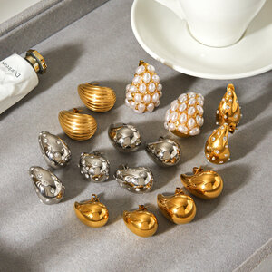 Simple Series Daily Droplet Stainless Steel Waterproof Gold Color Zircon Pearl Women's Stud Earrings h5 Picture3