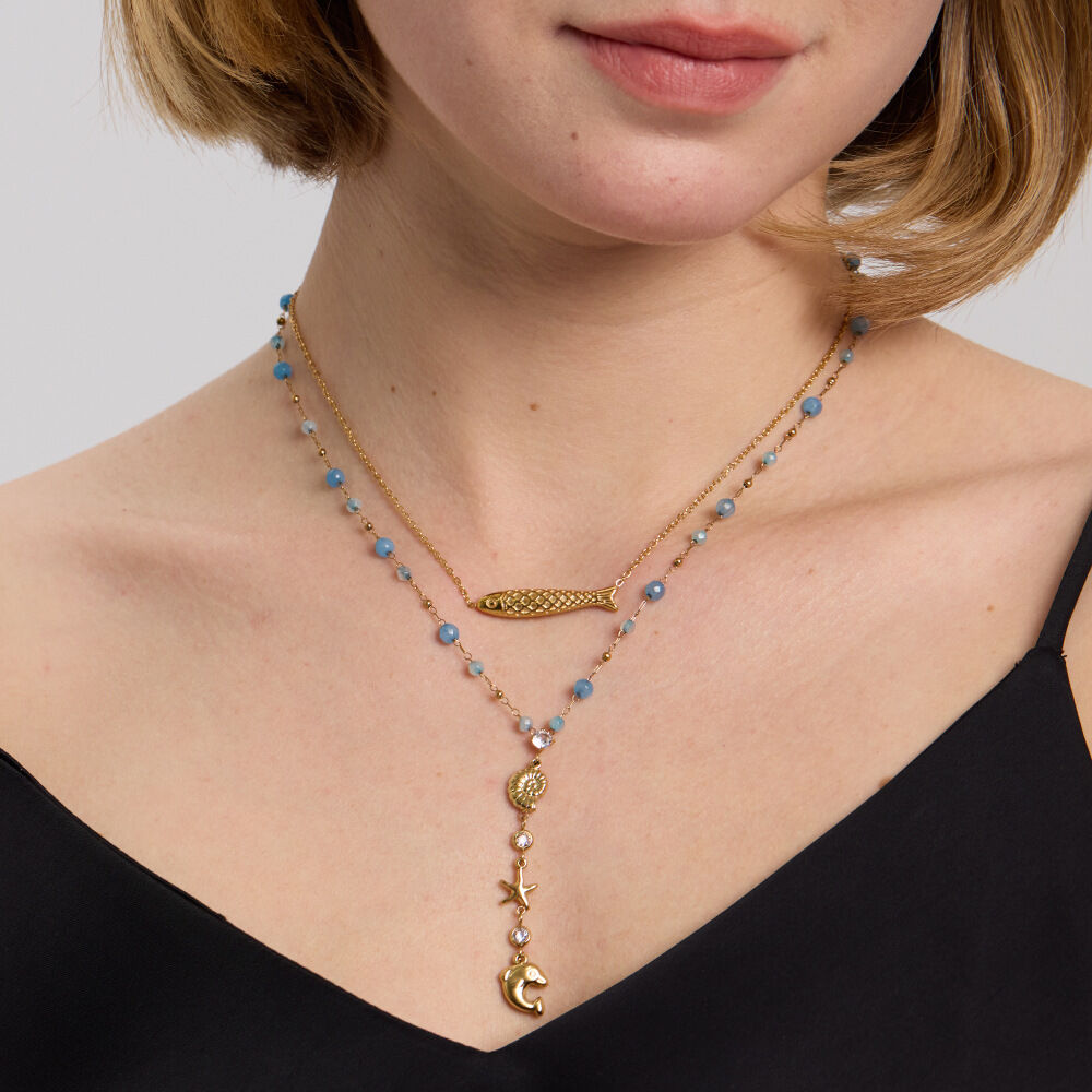Luxuriöse Urlaubs-Halskette mit Anhänger in Form von Fischen, Schildkröten und Seesternen aus wasserdichtem Edelstahl, 18 Karat Gold und Zirkonia Bild3
