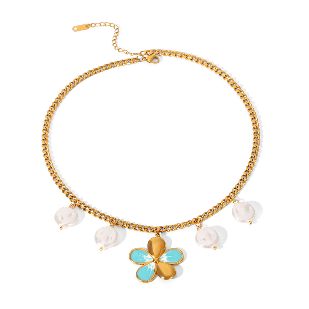 Flower Shape Stainless Steel Waterproof Gold Color Pearl Women's Pendant Necklaces