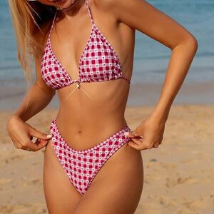 Sweet Lovely Check Patterned Polyester Bikini Set h5 Picture3