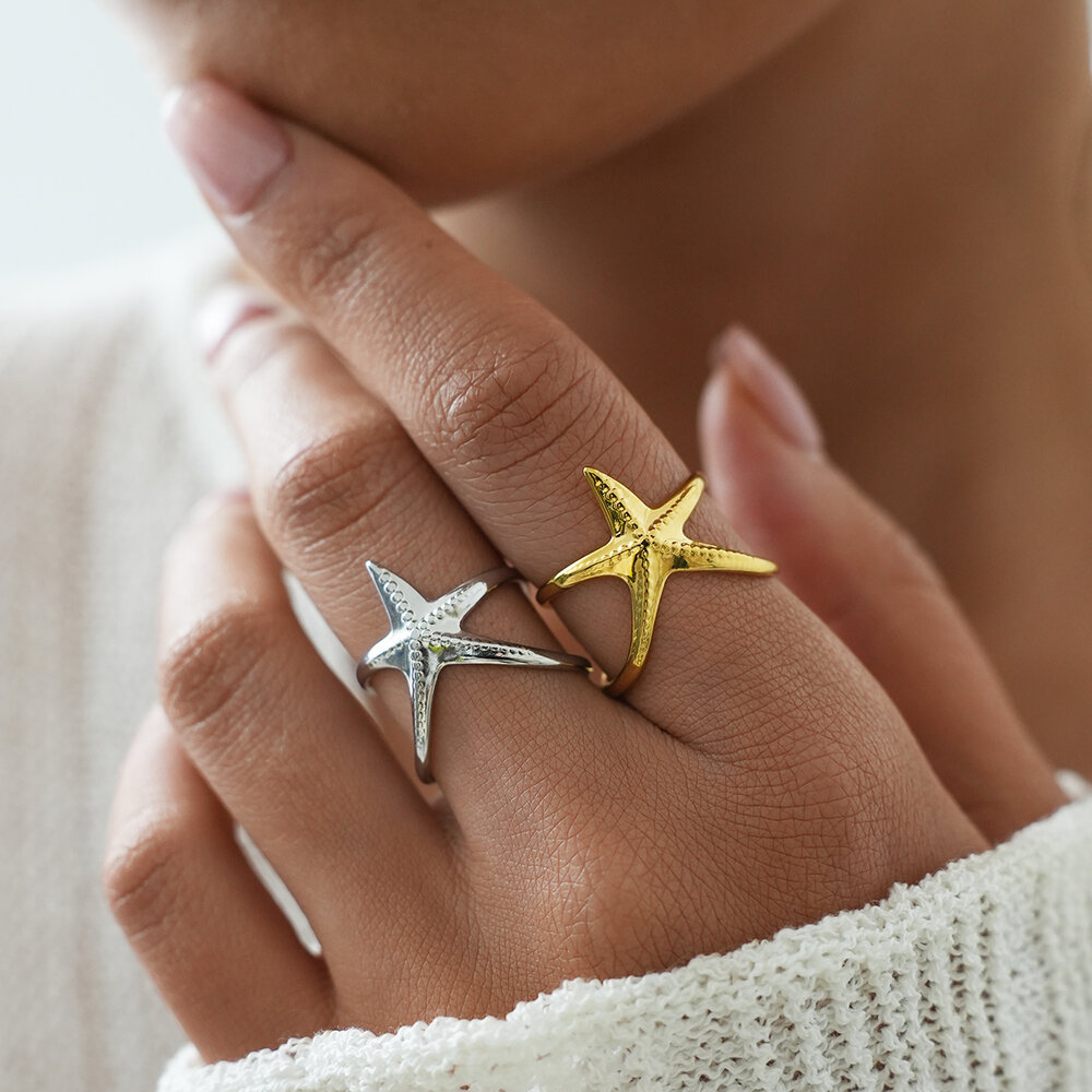 Simple Daily Turtle Starfish Stainless Steel Waterproof Gold Color Statement Rings Picture3