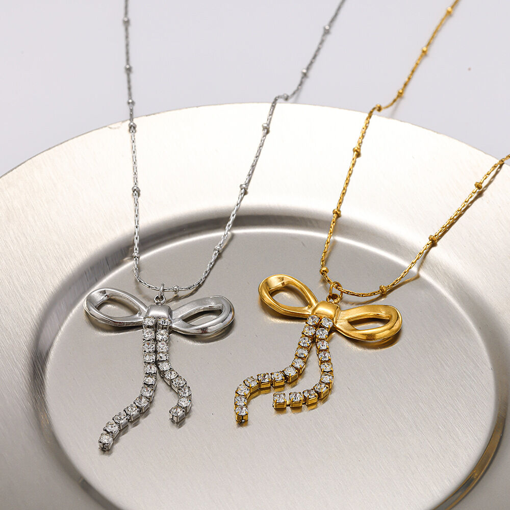 Romantic Sweet Bow Knot Stainless Steel Waterproof Gold Color Zircon Women's Pendant Necklaces Picture2