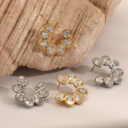 Sweet Flower Stainless Steel Waterproof Gold Color Rhinestone Women's Stud Earrings 2