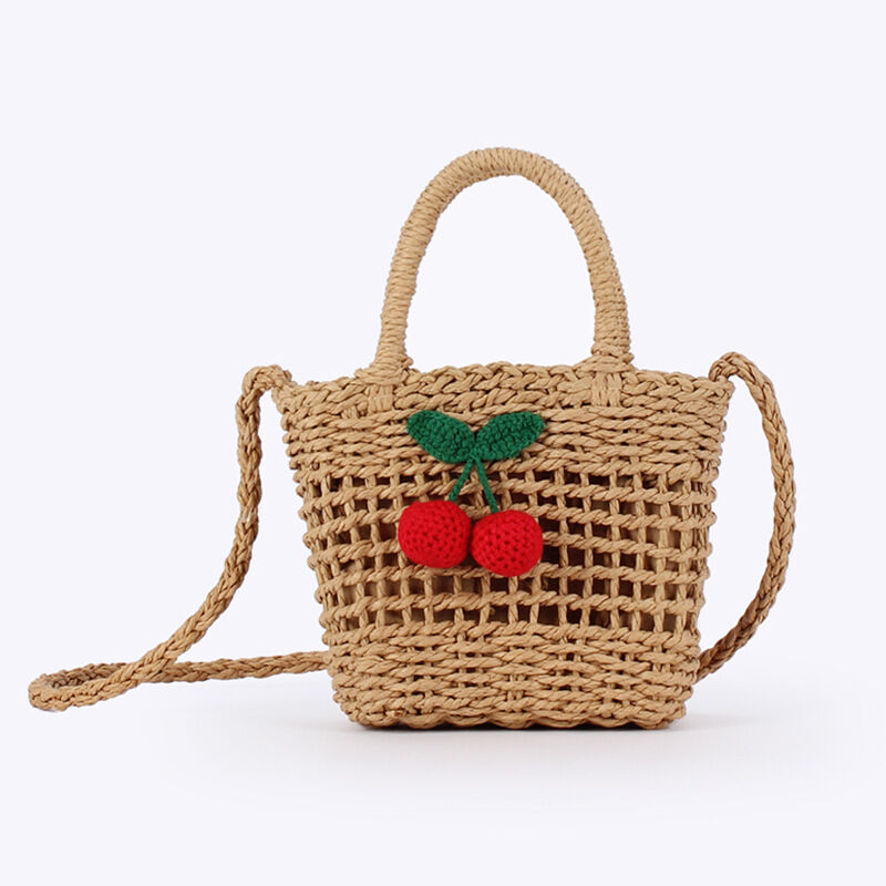 Borsa da spiaggia da donna in corda di carta intrecciata con motivo a ciliegie, stile vacanza.
