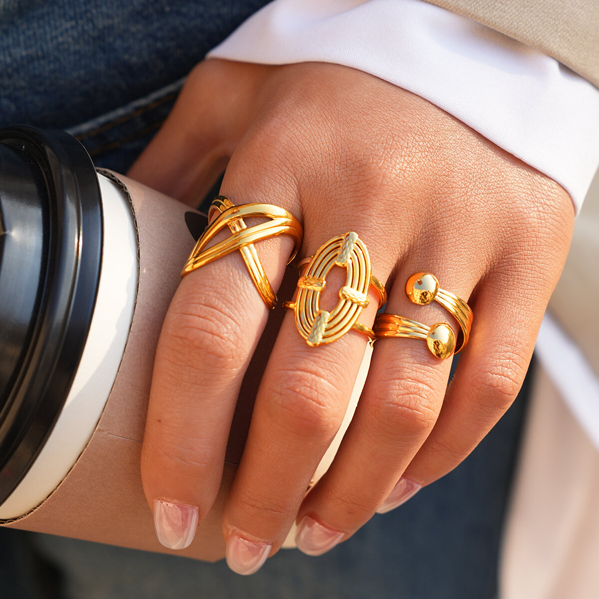 Daily Irregular Shape Stainless Steel Waterproof  Gold Color Statement Rings Picture5