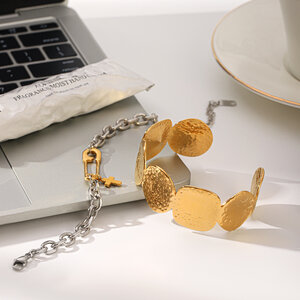 Retro Round Pattern Stainless Steel Waterproof Gold Color Women's Cuff Bracelet h5 Picture5