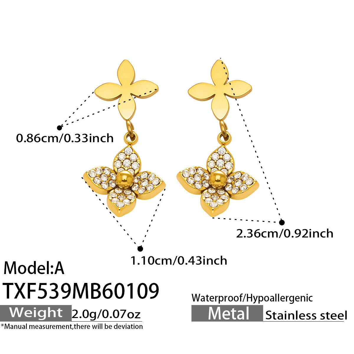 Classic Flower Stainless Steel Waterproof Gold Color Zircon Women's Drop Earrings h5 