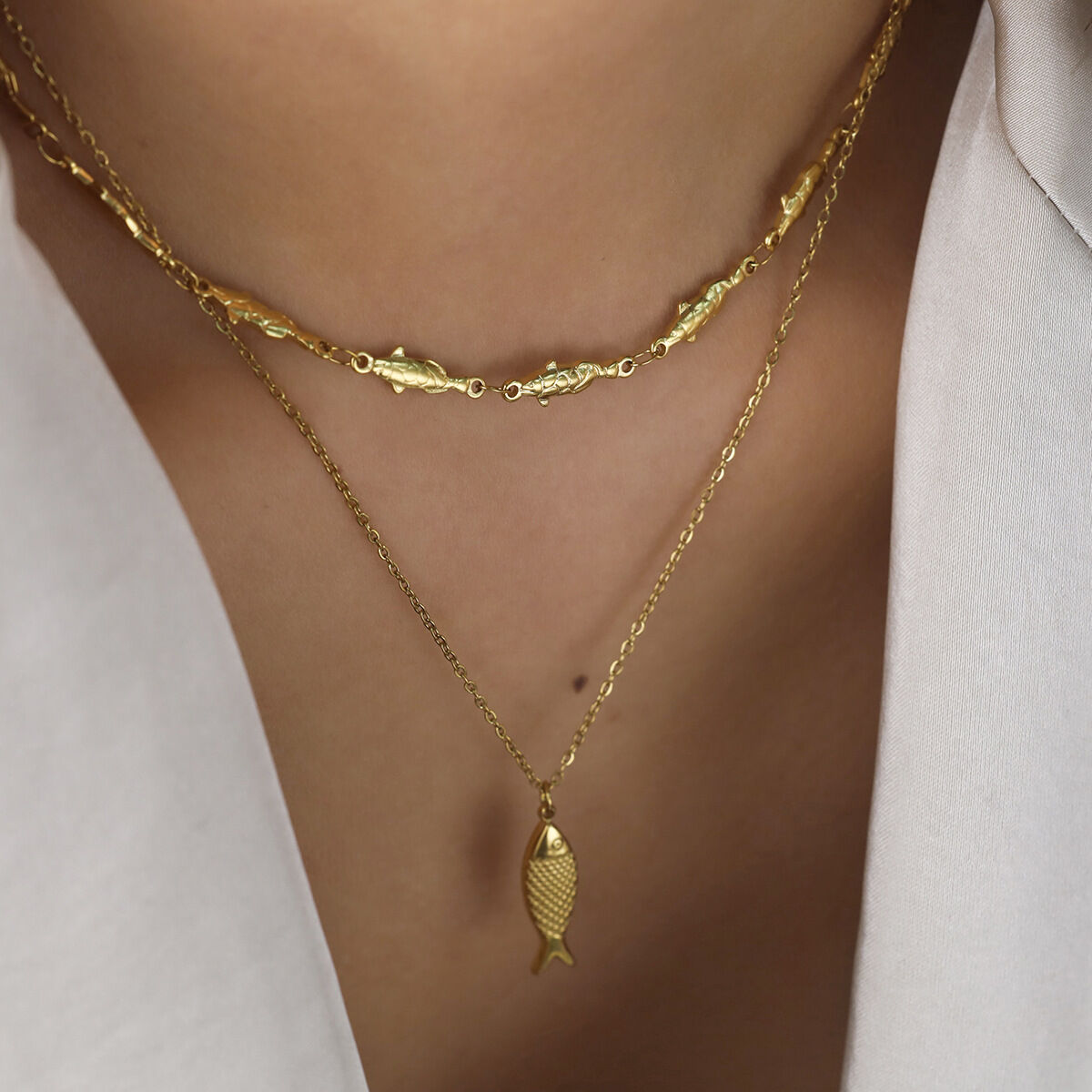 Fish Shape Stainless Steel Waterproof Gold Color Women's Layered Necklaces