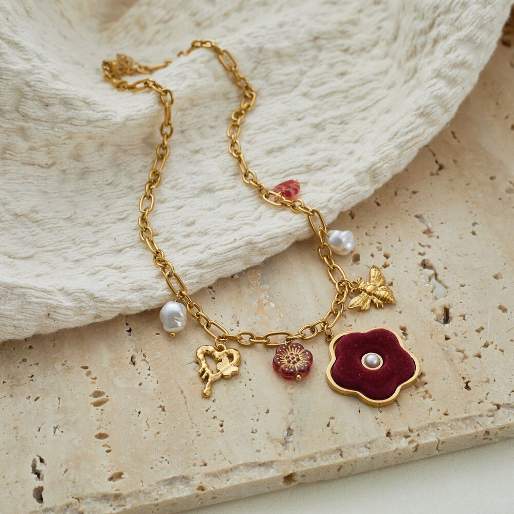 Retro Velvet Flower Butterfly Stainless Steel Waterproof Gold Color Women's Chain Necklaces Picture3