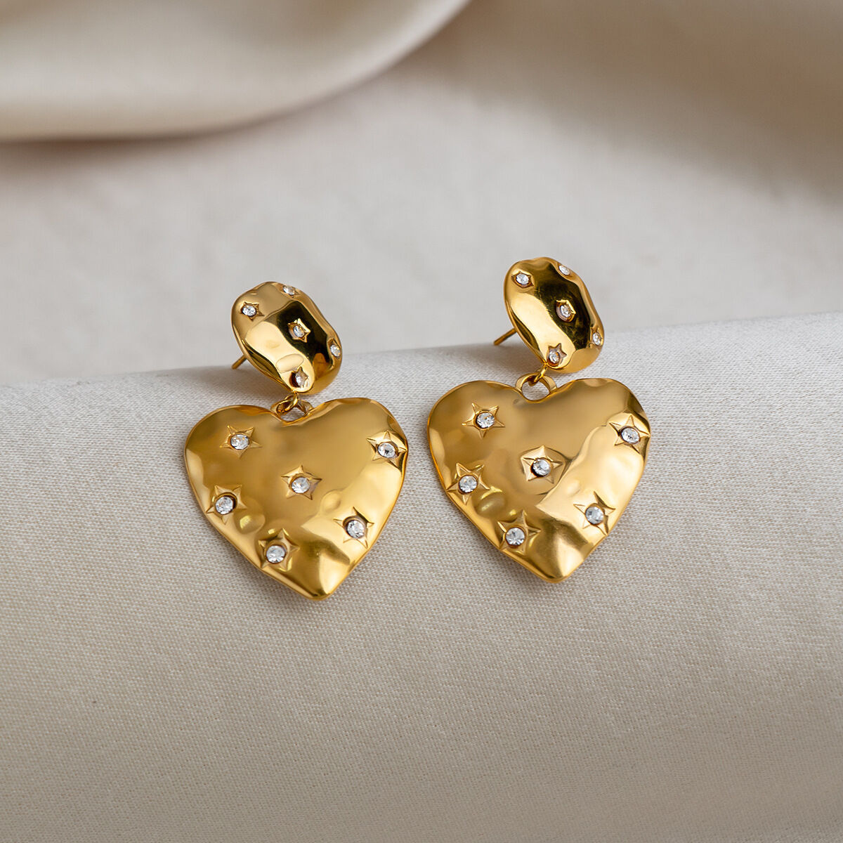 Boucles d'oreilles pendantes de luxe en forme de cœur, en acier inoxydable étanche, couleur or et zircon, pour femme.