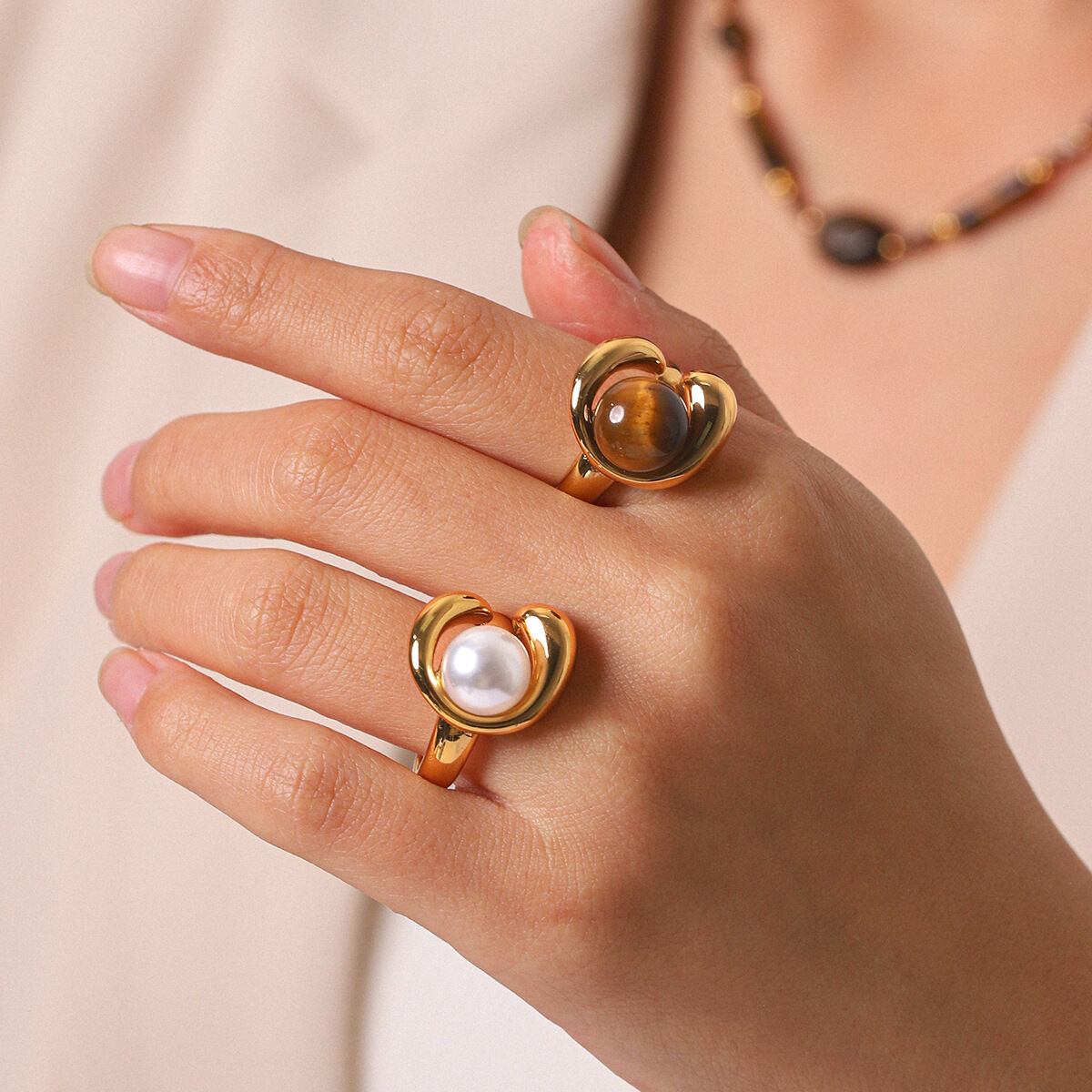 Retro Irregular Shape Stainless Steel Waterproof Natural Stone Pearl Women's Gemstone Rings