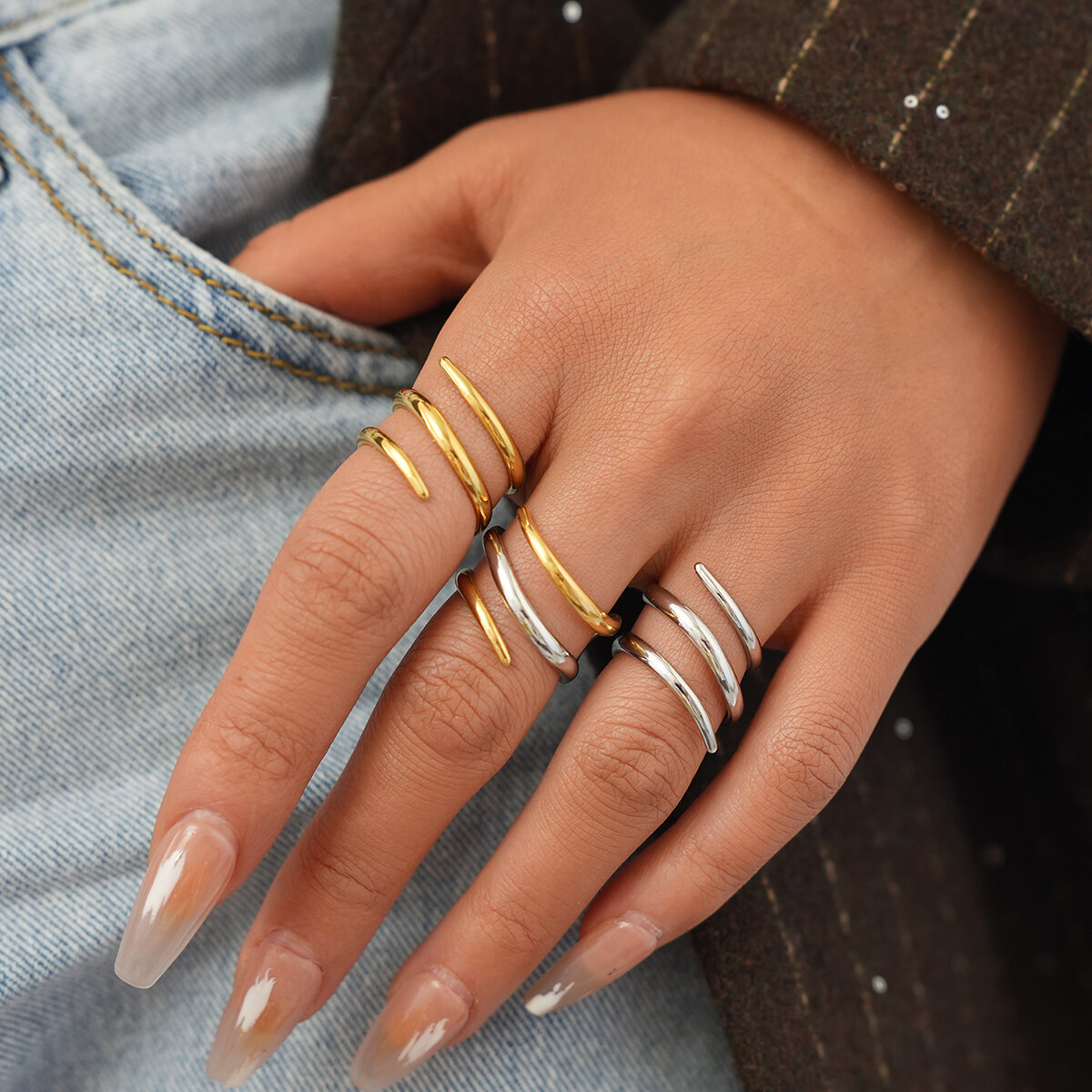 Simple Minimalism Daily Irregular Shape Lines Stainless Steel Waterproof   Gold Color  Statement Rings 2
