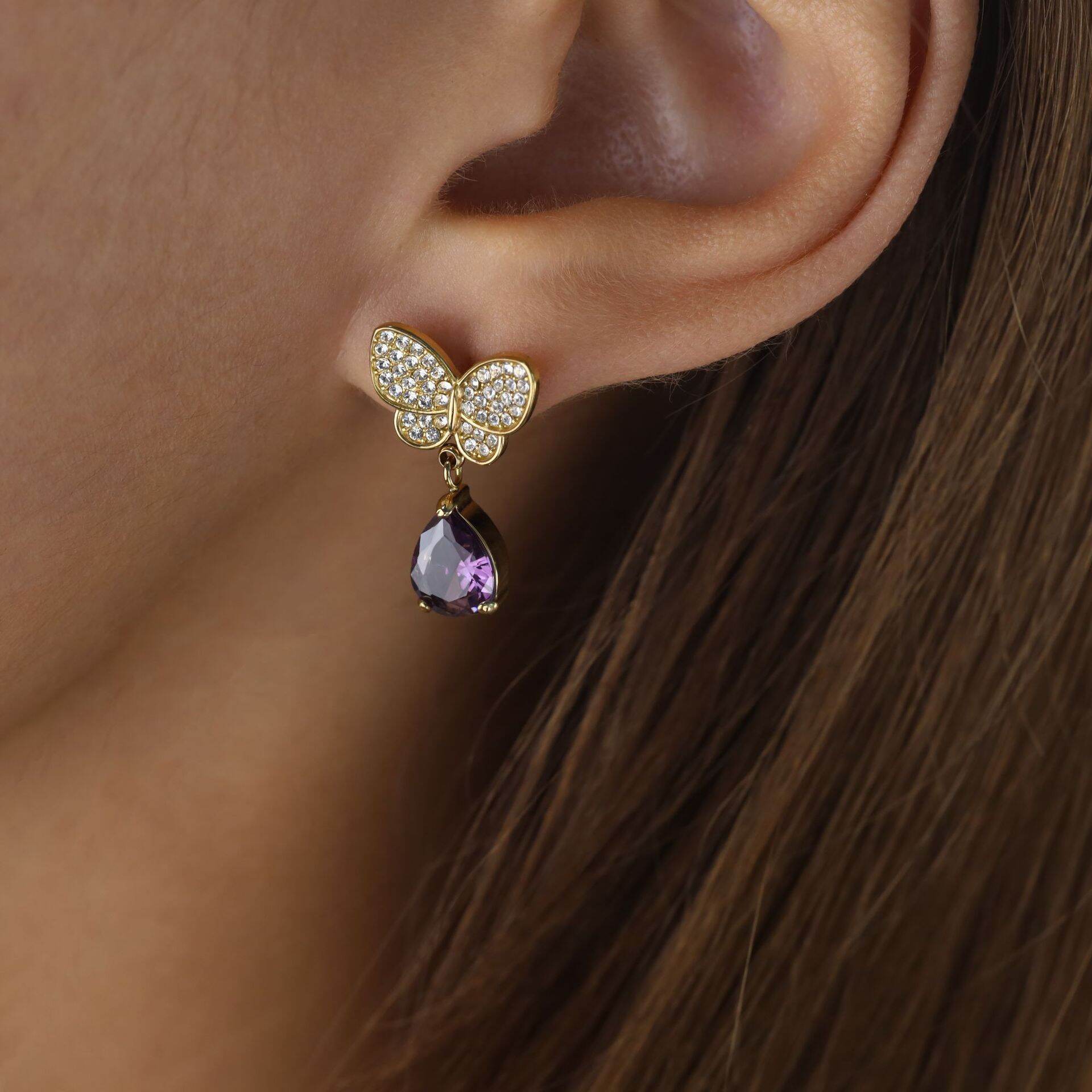 Romantic Sweet Butterfly Stainless Steel Waterproof Gold Color  Crystal Women's Drop Earrings