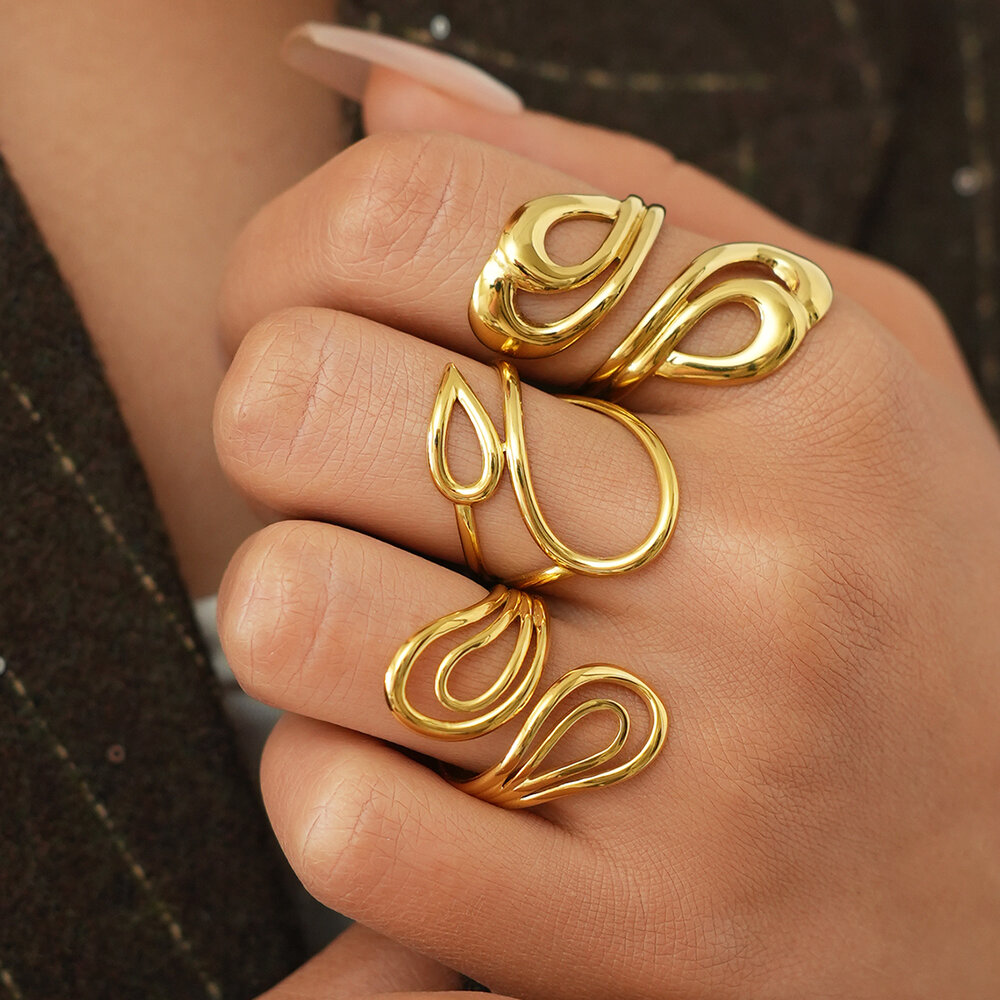 Simple Series Daily Irregular Shape Lines Stainless Steel Waterproof Gold Color Statement Rings Picture2