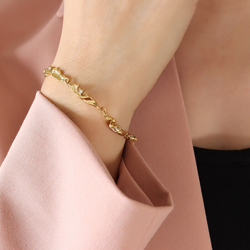 Retro Irregular Shape Stainless Steel Waterproof Gold Color Zircon Women's Chain Bracelets 