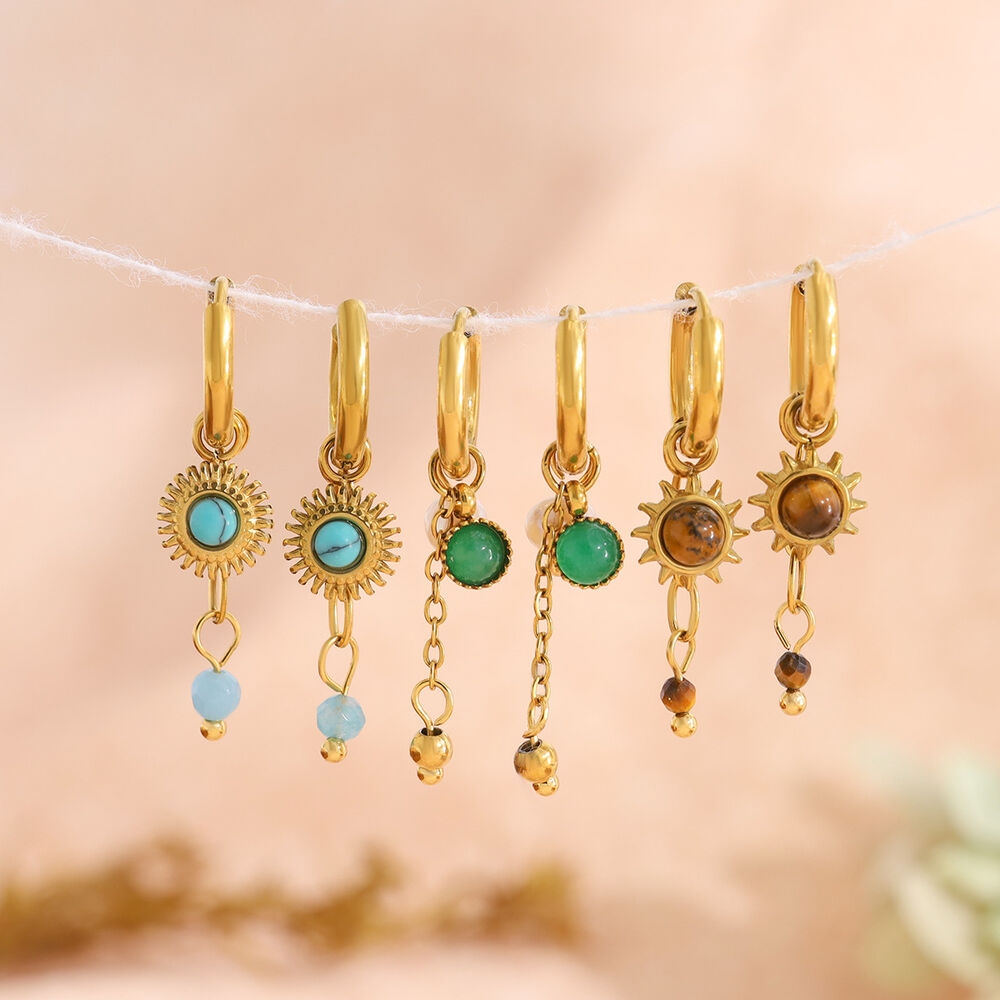 Klassische sonnenförmige Ohrhänger aus Edelstahl, wasserdicht, goldfarben, mit Naturstein, für Damen Bild2