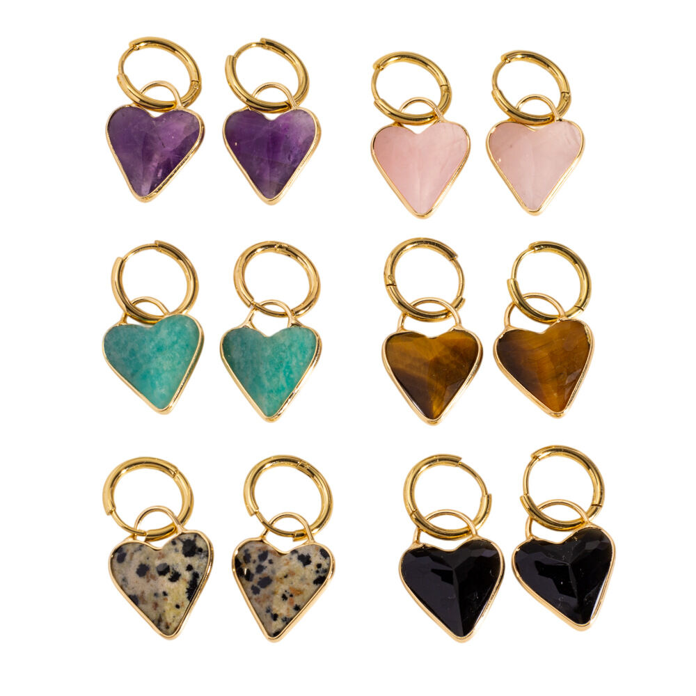 Simple Series Retro Heart Stainless Steel Waterproof   Gold Color  Natural Stone Women's Hoop Earrings h5 Picture5