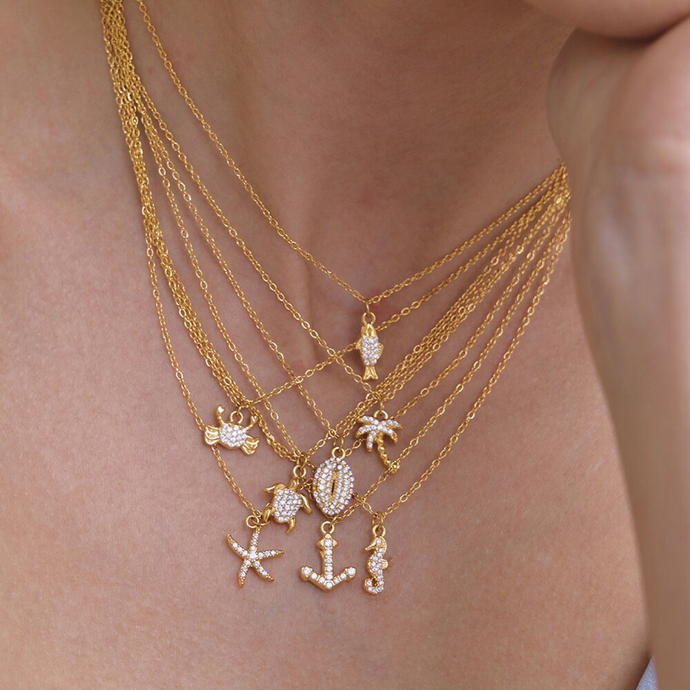 Oceanic Style Starfish Stainless Steel Waterproof Gold Color Zircon Women's Necklaces Sets h5 Picture2