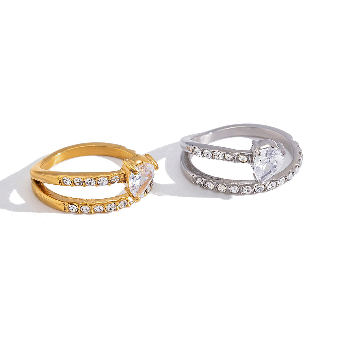 Droplet Stainless Steel Waterproof Gold Color Rhinestone Zircon Women's Gemstone Rings h5 Picture5