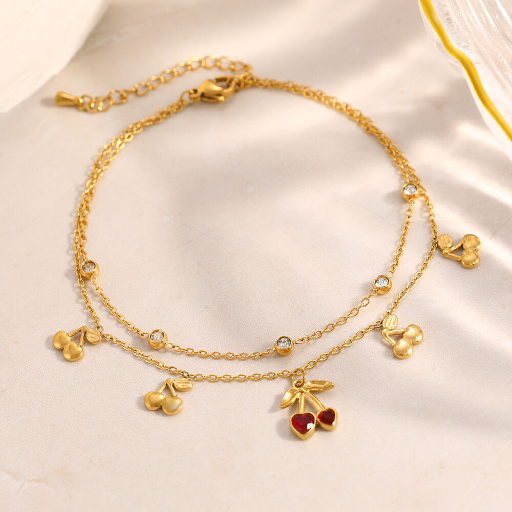 Sweet Cherry Stainless Steel Waterproof Gold Color Rhinestone Anklets h5Picture2