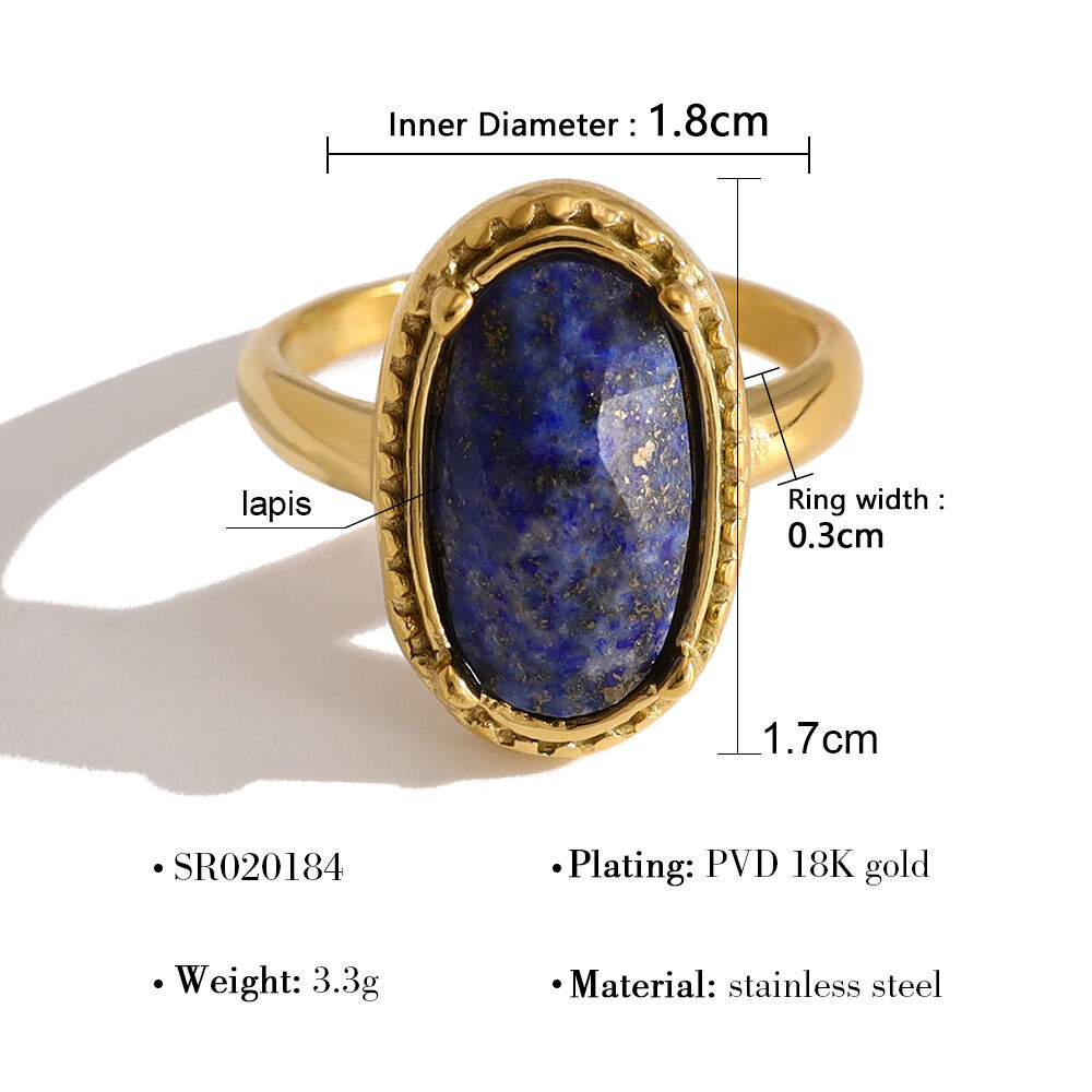 Retro Round Natural Stone Stainless Steel Waterproof Gold Color Women's Gemstone Rings