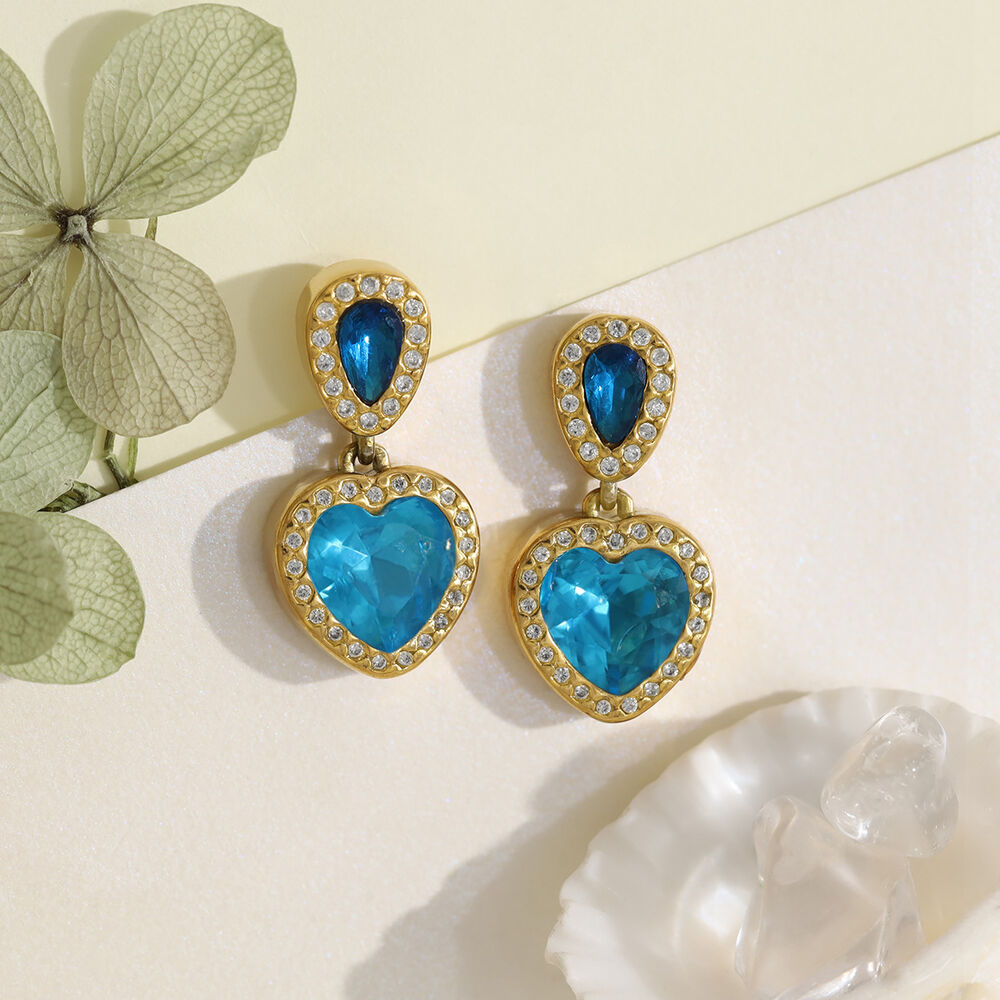 Simple Heart Stainless Steel Waterproof Gold Color Crystal Women's Drop Earrings h5Picture3
