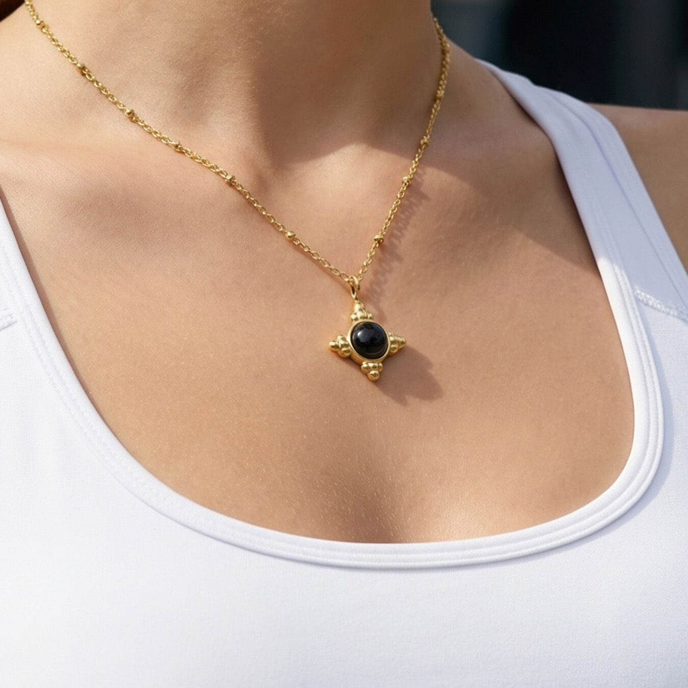 Retro Cross Stainless Steel Gold Color Natural Stone Women's Pendant Necklaces h5 Picture3