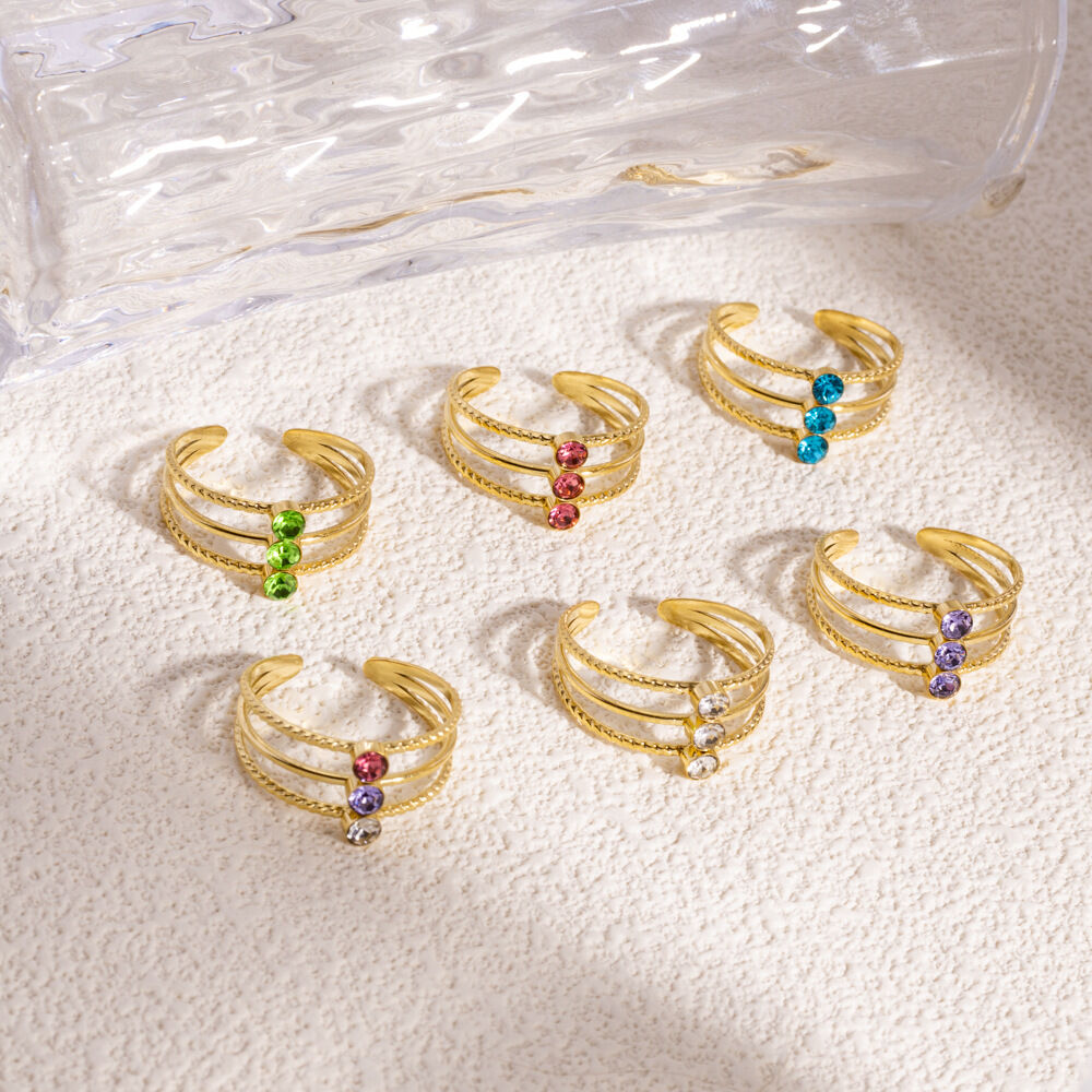 Luxurious Elegant Geometric Shape Stainless Steel Waterproof Gold Color Zircon Women's Gemstone Rings Picture4
