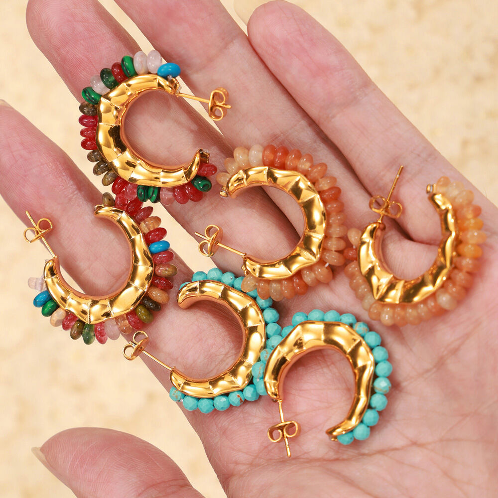 Retro Circle Titanium Steel Gold Color Natural Stone Women's Hoop Earrings Picture2