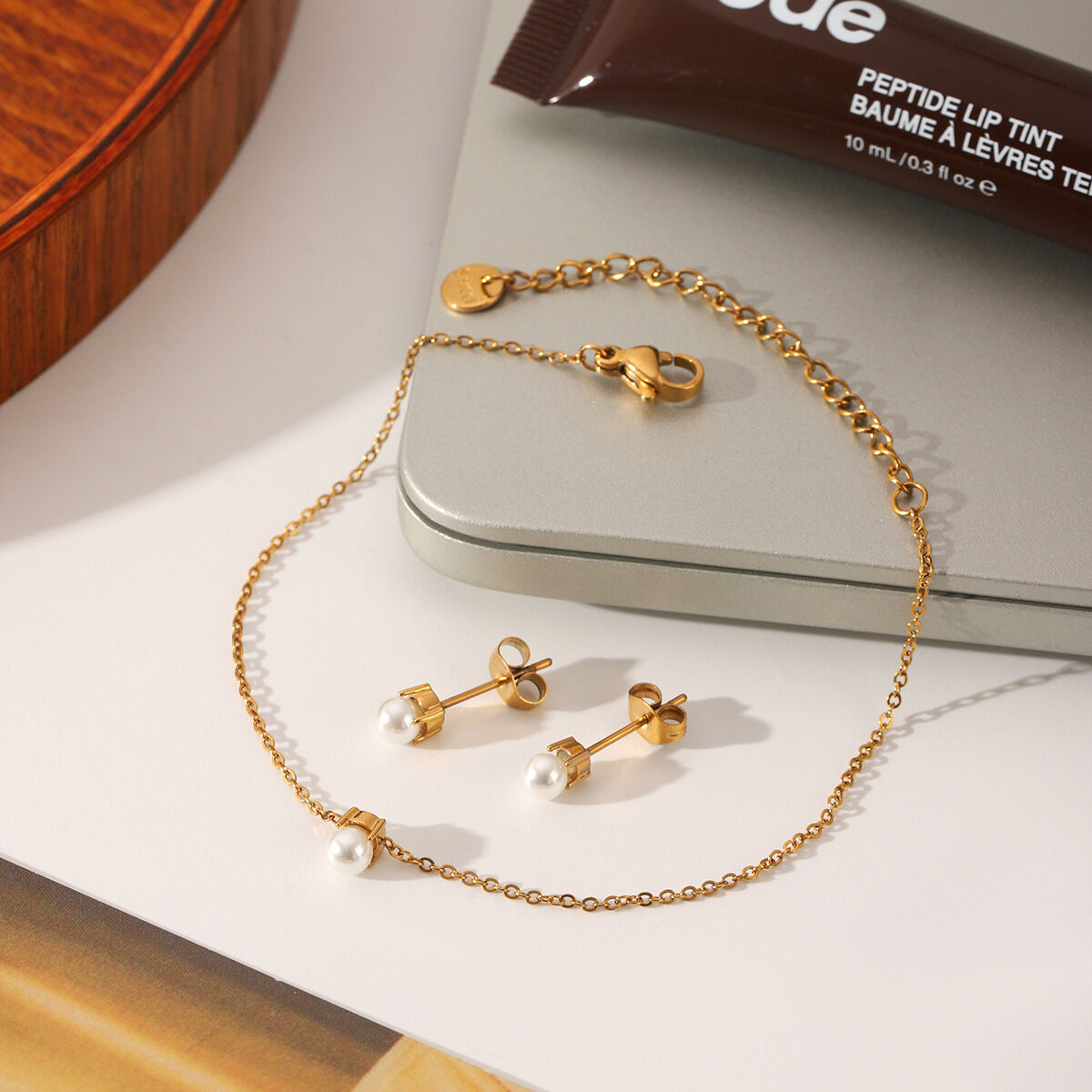 Daily Chain Stainless Steel Waterproof Gold Color Pearl Bracelet Set
