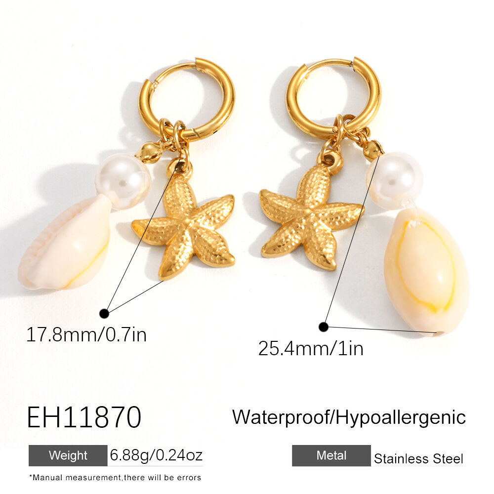 Simple Starfish Shape Stainless Steel Waterproof Gold Color Shell Women's Drop Earrings h5 