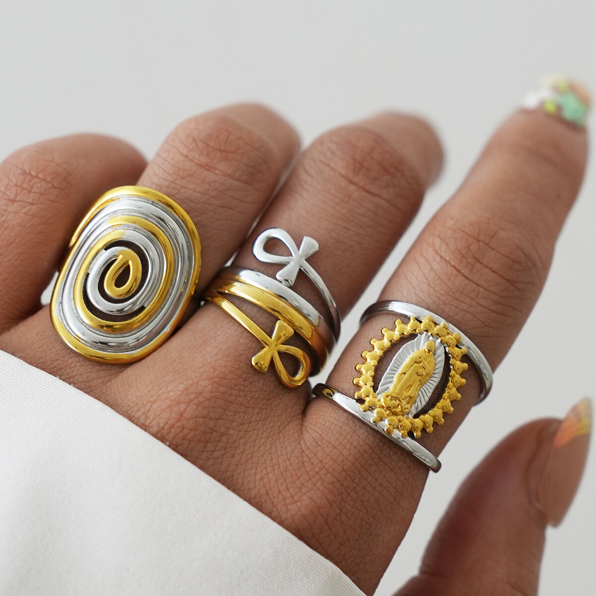 Mixed Gold and Silver Colors Irregular Shape Stainless Steel Waterproof   Gold Color  Statement Rings 2